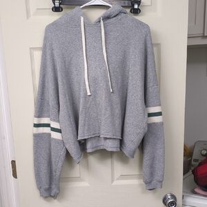 American Eagle Outfitters Grey Hooded Sweatshirt with Stripe Sleeves